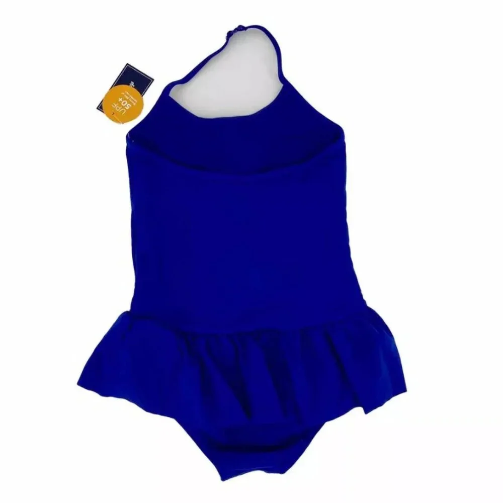 Gymboree Girls 12 Blue 1 Piece Ruffle Flower Bathing Swim Suit Splish-Splash